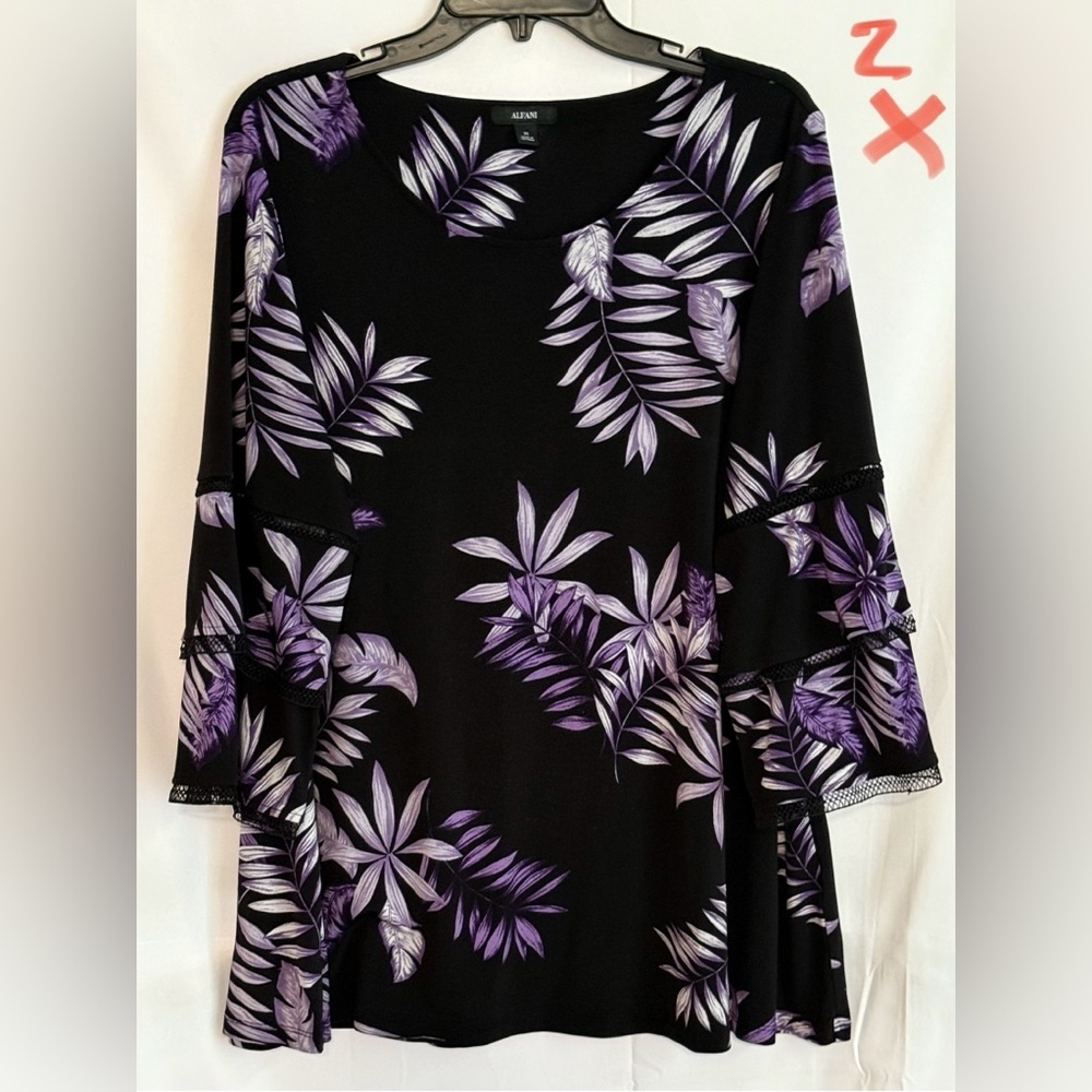 Alfani Black Top with Purple Leaf Design
